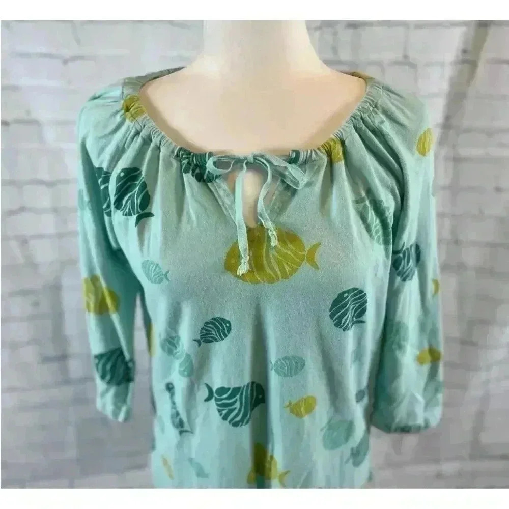 I Can Too Resort Wear Fish Shirt 3/4 Sleeves 100% cotton Woman Size S tropical